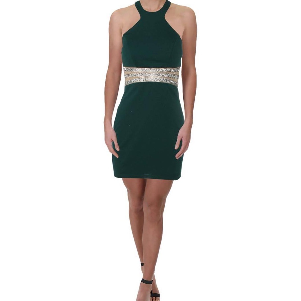 Emerald and silver beading halter bodycon dress